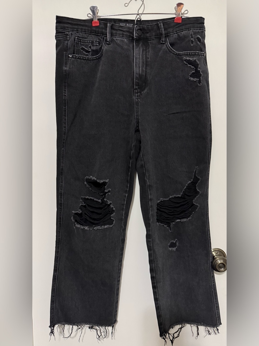 Judy Blue Washed-Black Distressed Jean with a Straight/Relaxed Leg and Raw Hem